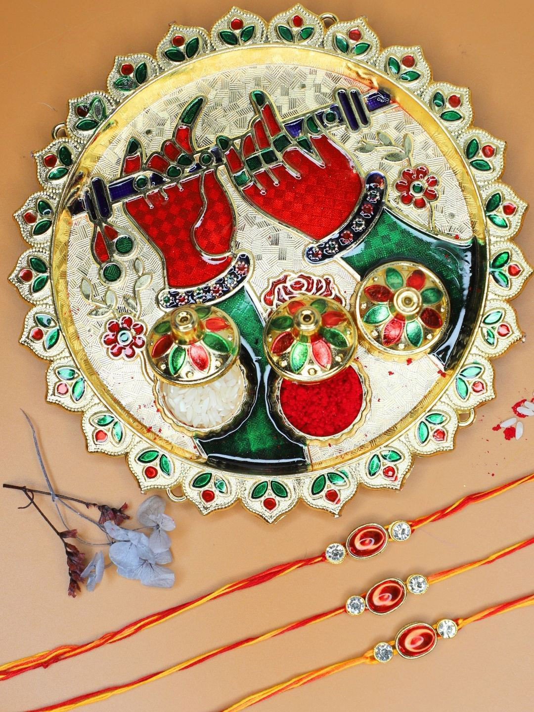 Anouk Set Of 3 Red Stone Rakhi With Funny Card & Pooja Thali