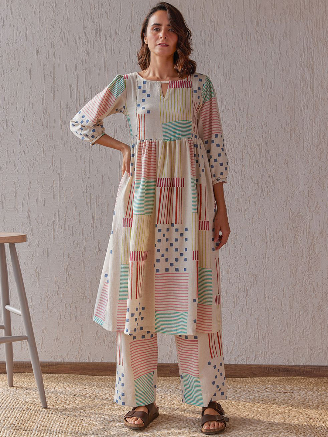 The Yellow Bow Potpourri Printed Notch Neck Tunic With Palazzo Co-Ords Set