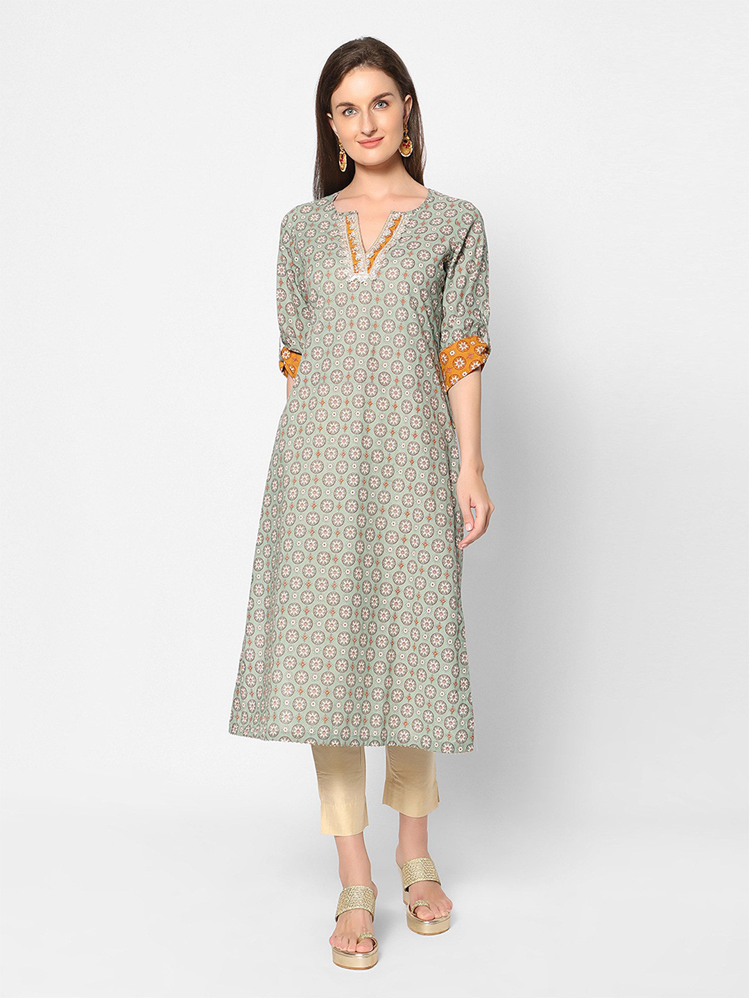 SANAA Floral Printed Pure Cotton Notch Neck A-Line Kurta