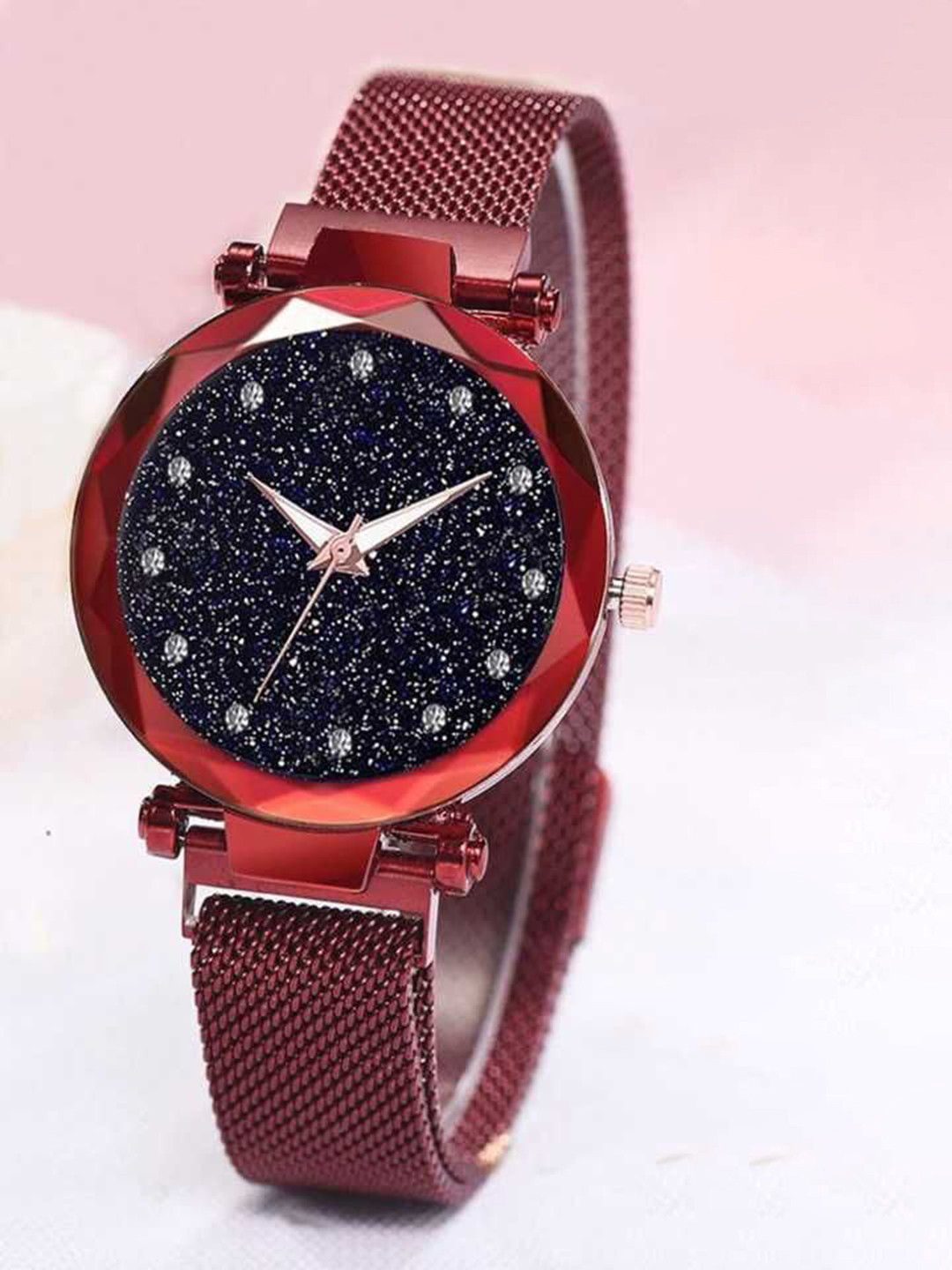 SELLORIA Women Stainless Steel Bracelet Style Straps Analogue Watch 12Diamnd_ Red_Magnet