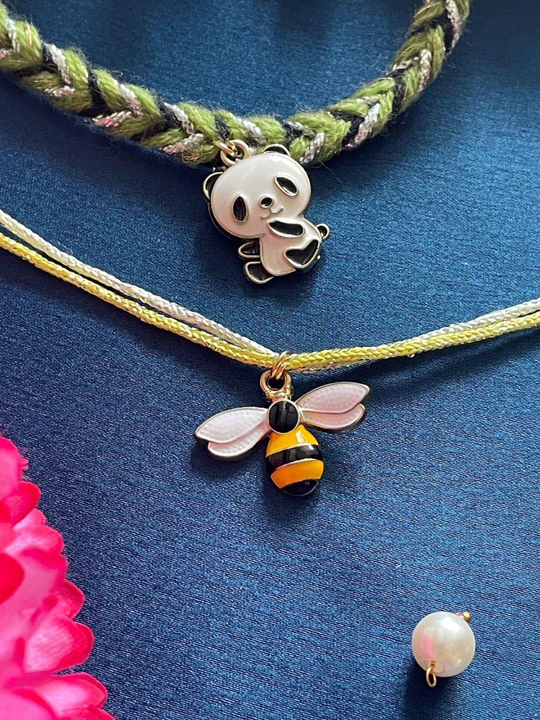 Digital Dress Room Set Of 2 Honey Bee & Panda Charm Multistrand Rakhis