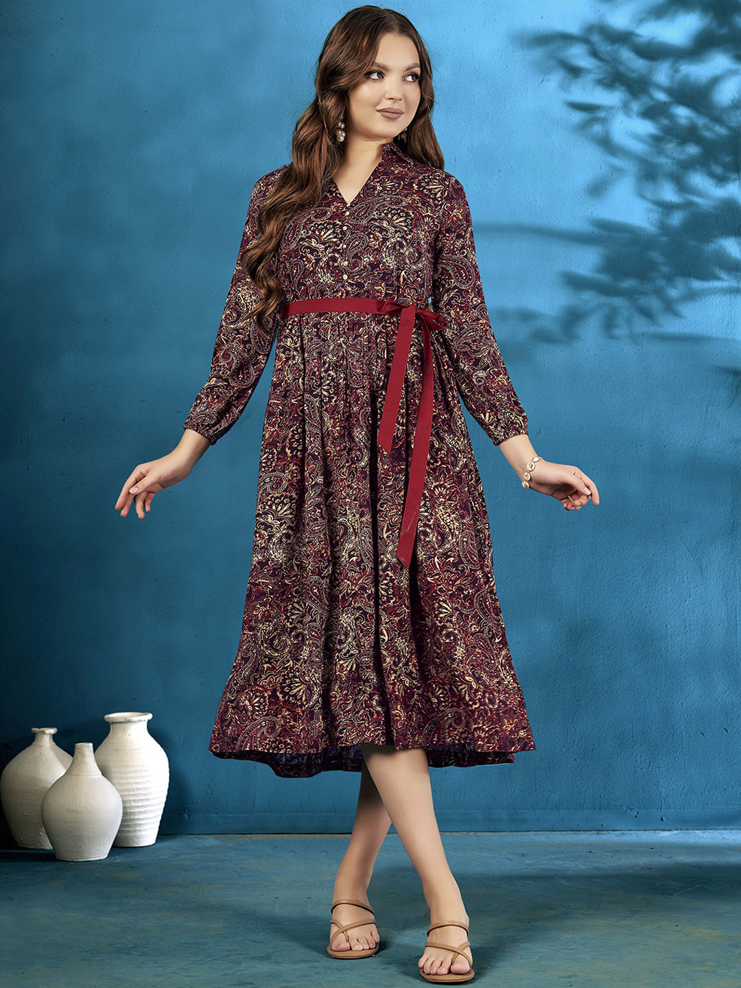 Anouk Ethnic Motifs Printed Shirt Collar Fit & Flared Midi Ethnic Dress