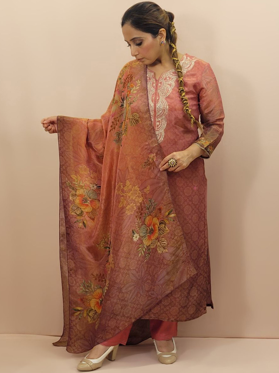 SAKSHI- The Wedding Store Floral Yoke Design Thread Work Kurta & Trouser & Dupatta