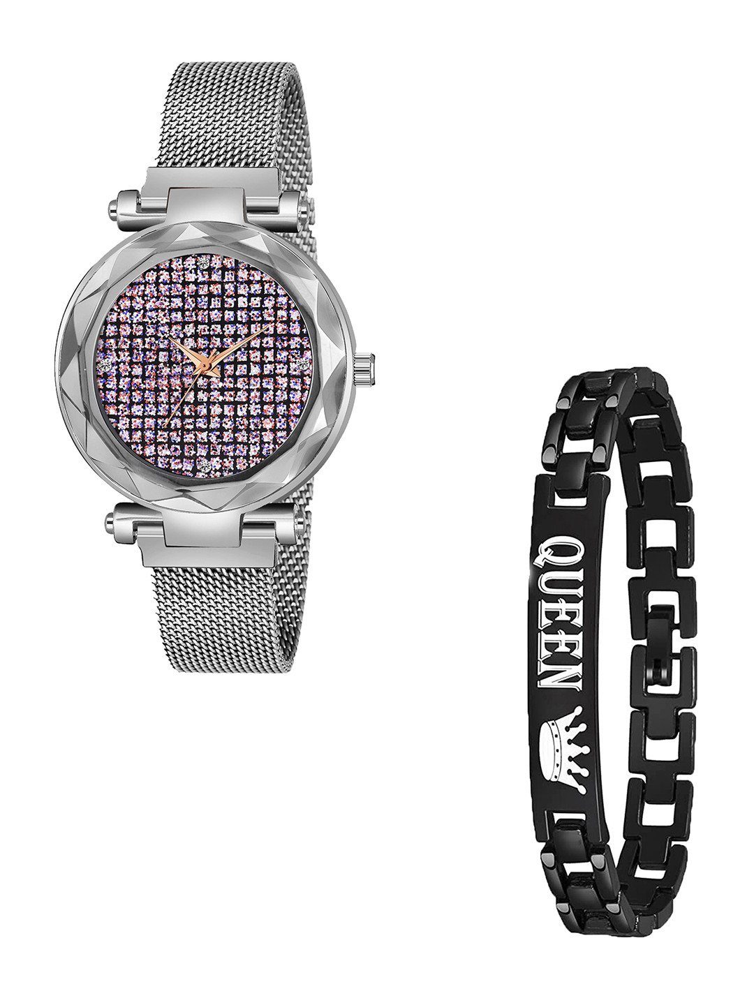 CSAMON Women Embellished Dial Analogue Watch GR_379_Silver_Pink Zari Queen Bracelet