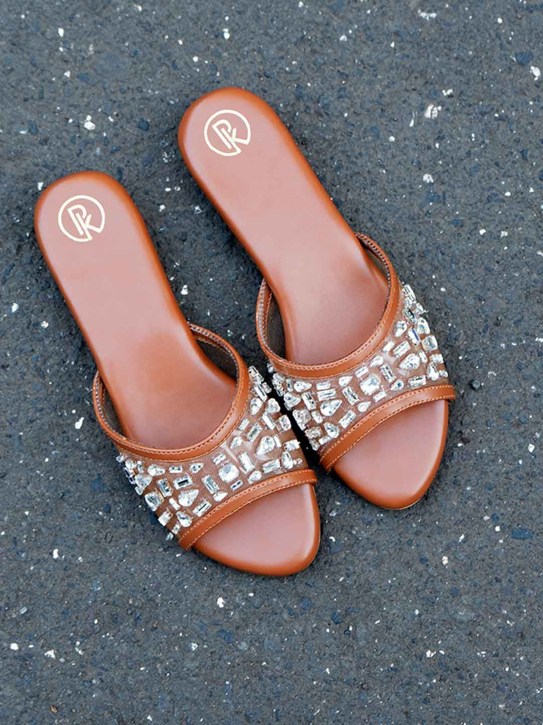 Preet Kaur Women Tan Embellished Sheer Open Toe Flats