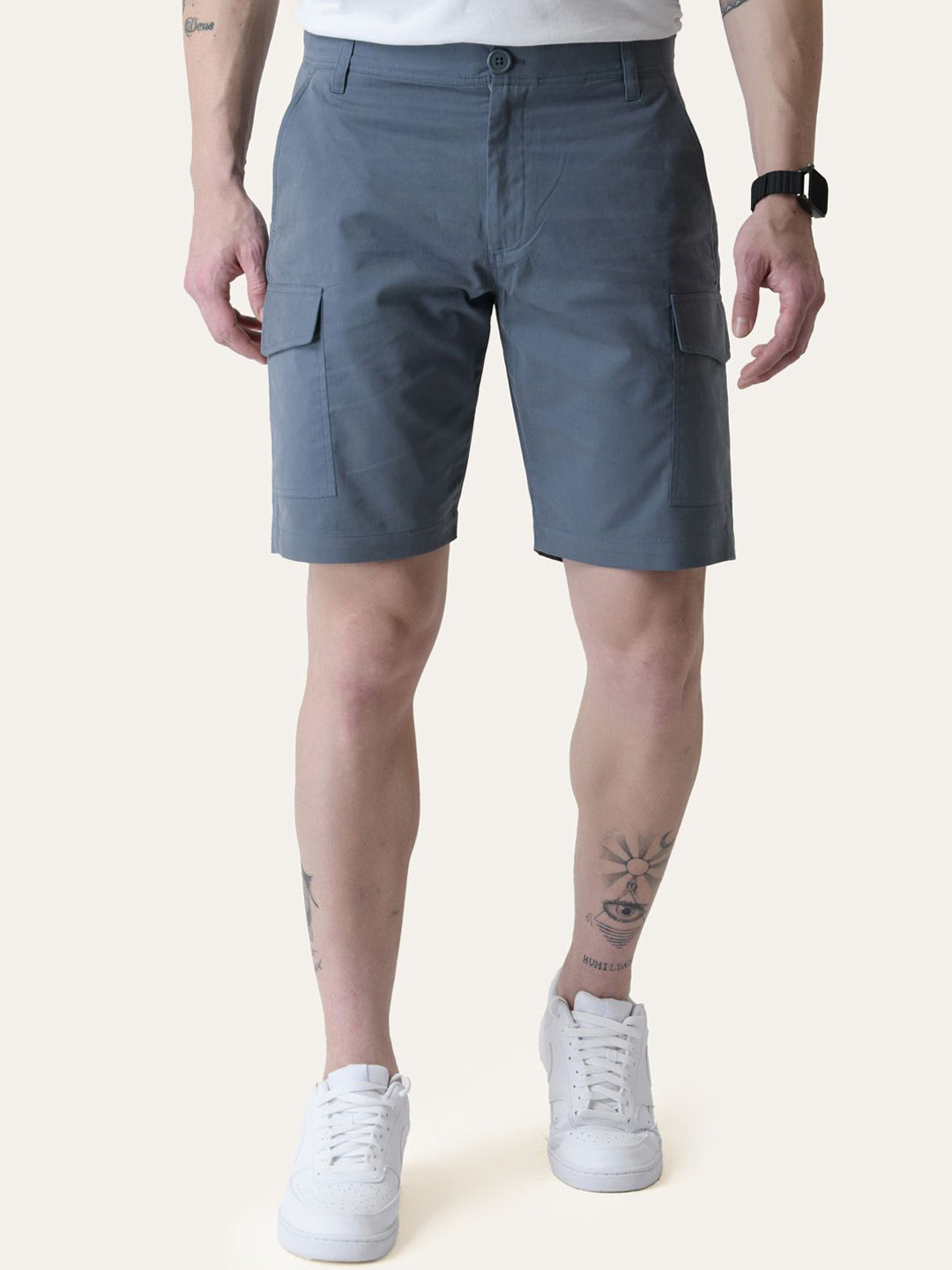 PERCH Men Twill Cotton Blue Solid Shorts