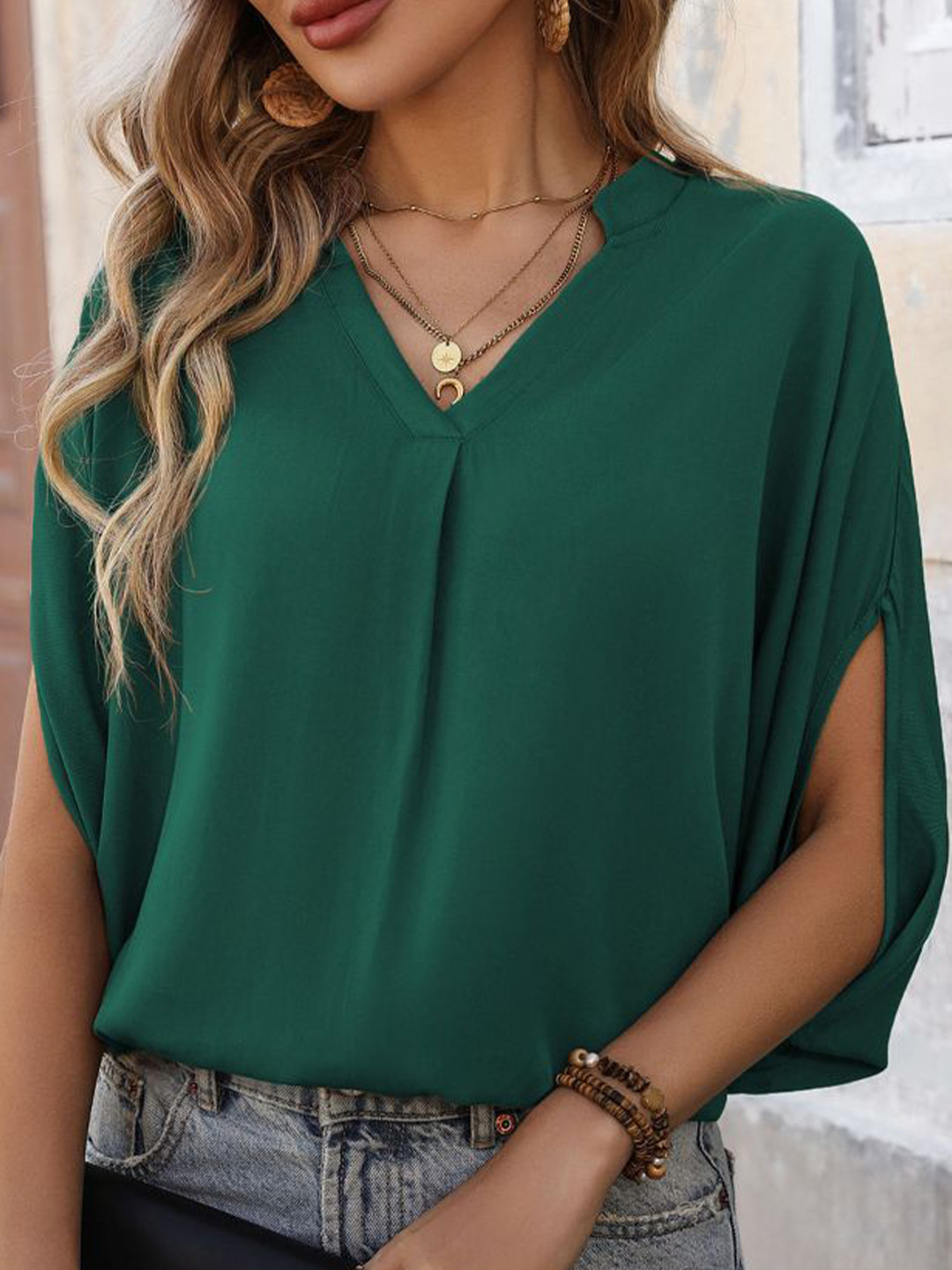 StyleCast Women V-Neck Three-Quarter Sleeves Batwing Sleeves Top