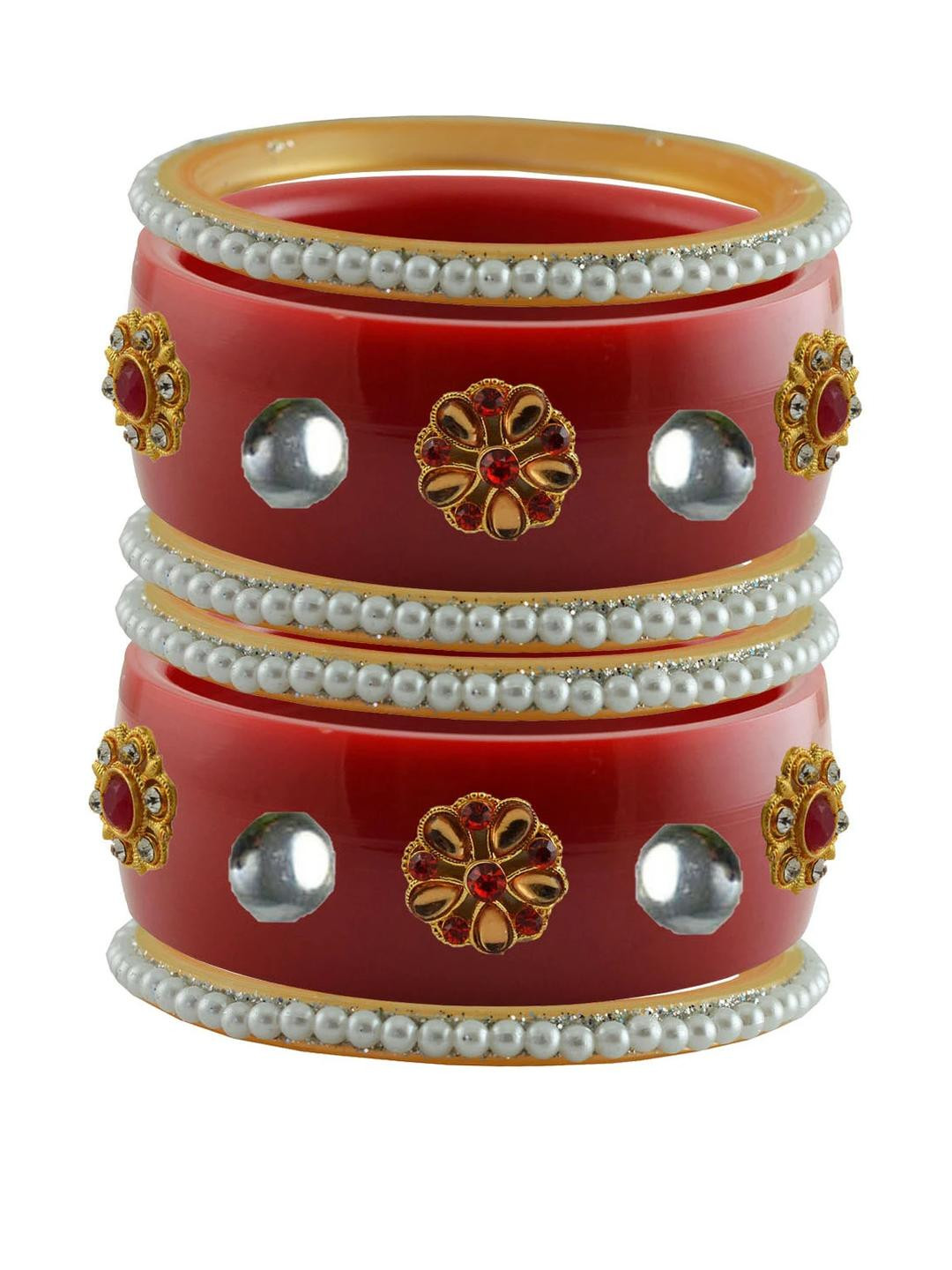 Vidhya Kangan Women Red Pack of 2 Multi Stone Brass Crystal Bangles