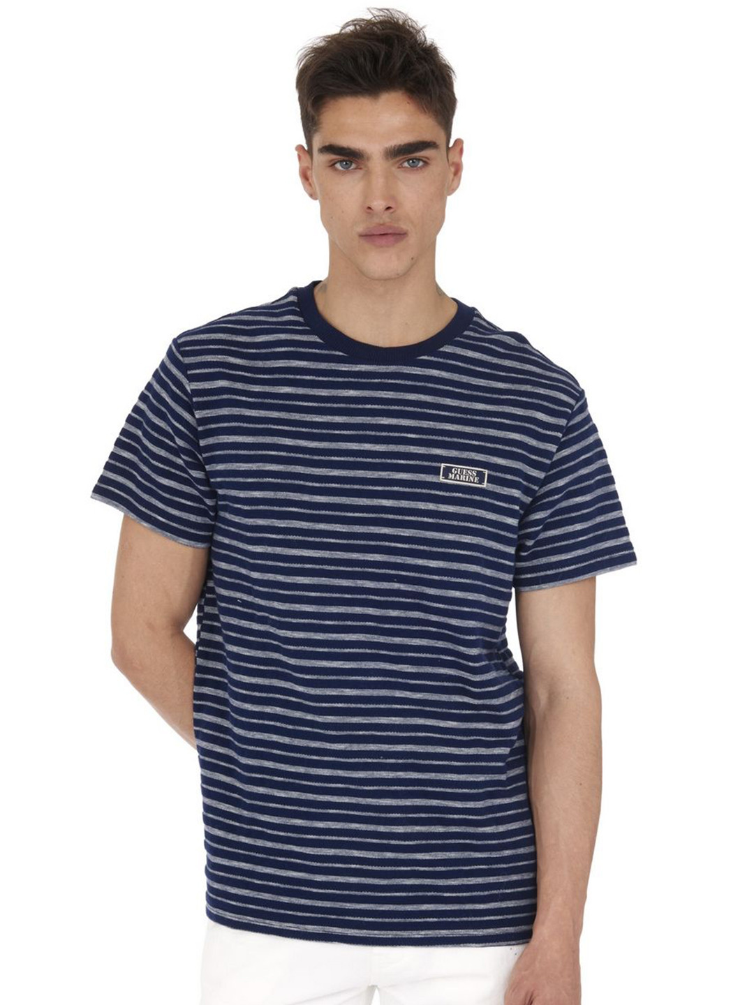 GUESS Striped Round Neck Pure Cotton T-shirt