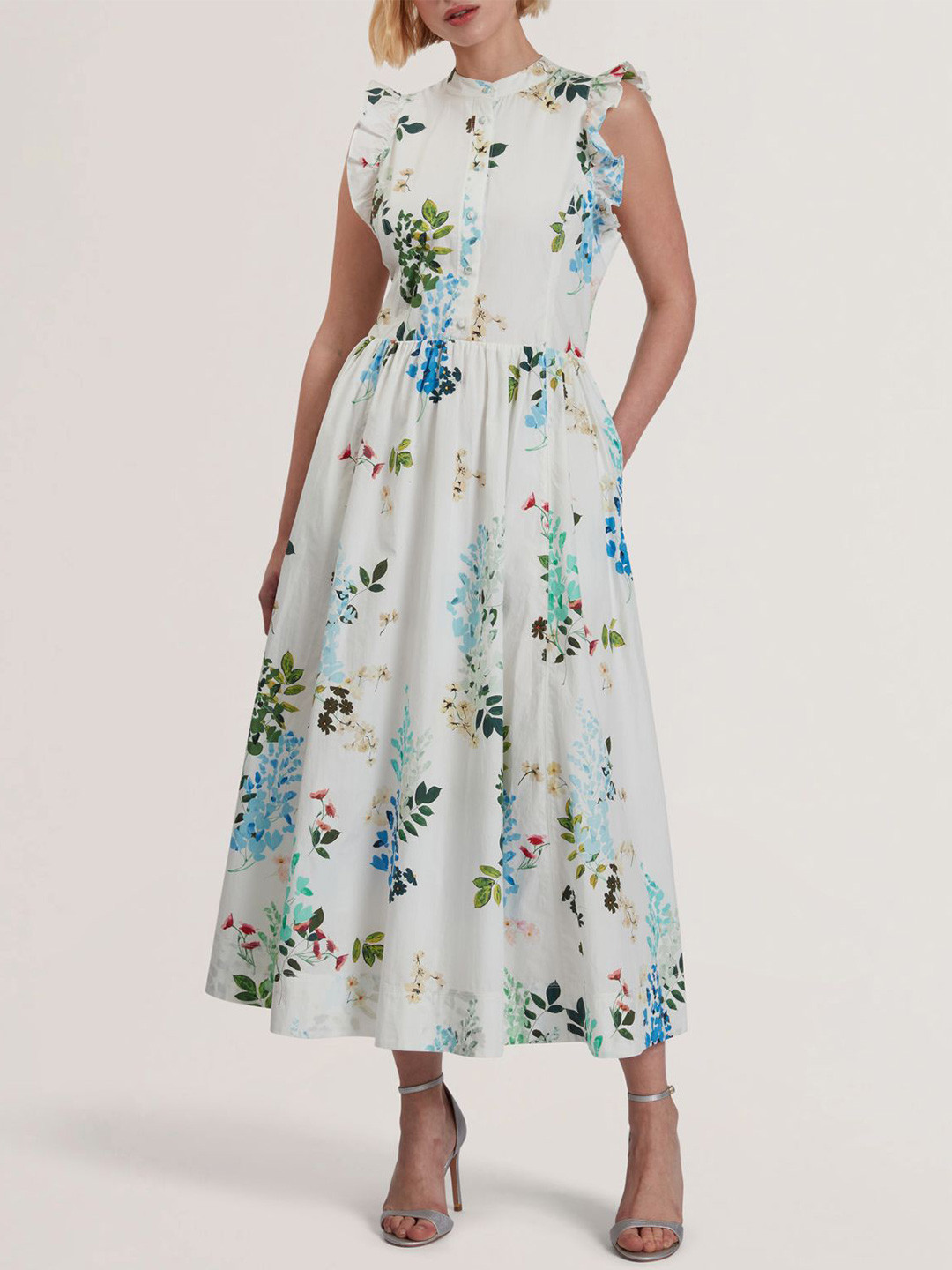 Ted Baker Floral Printed Cotton Fit & Flare Midi Dress