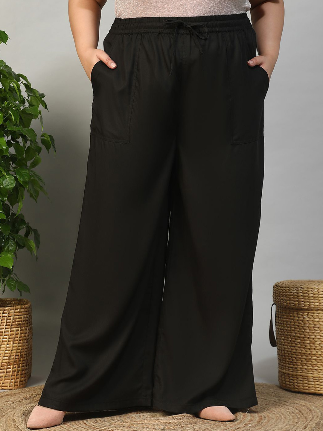 Oxolloxo Women Relaxed Baggy Plus Size Wide Leg Trousers
