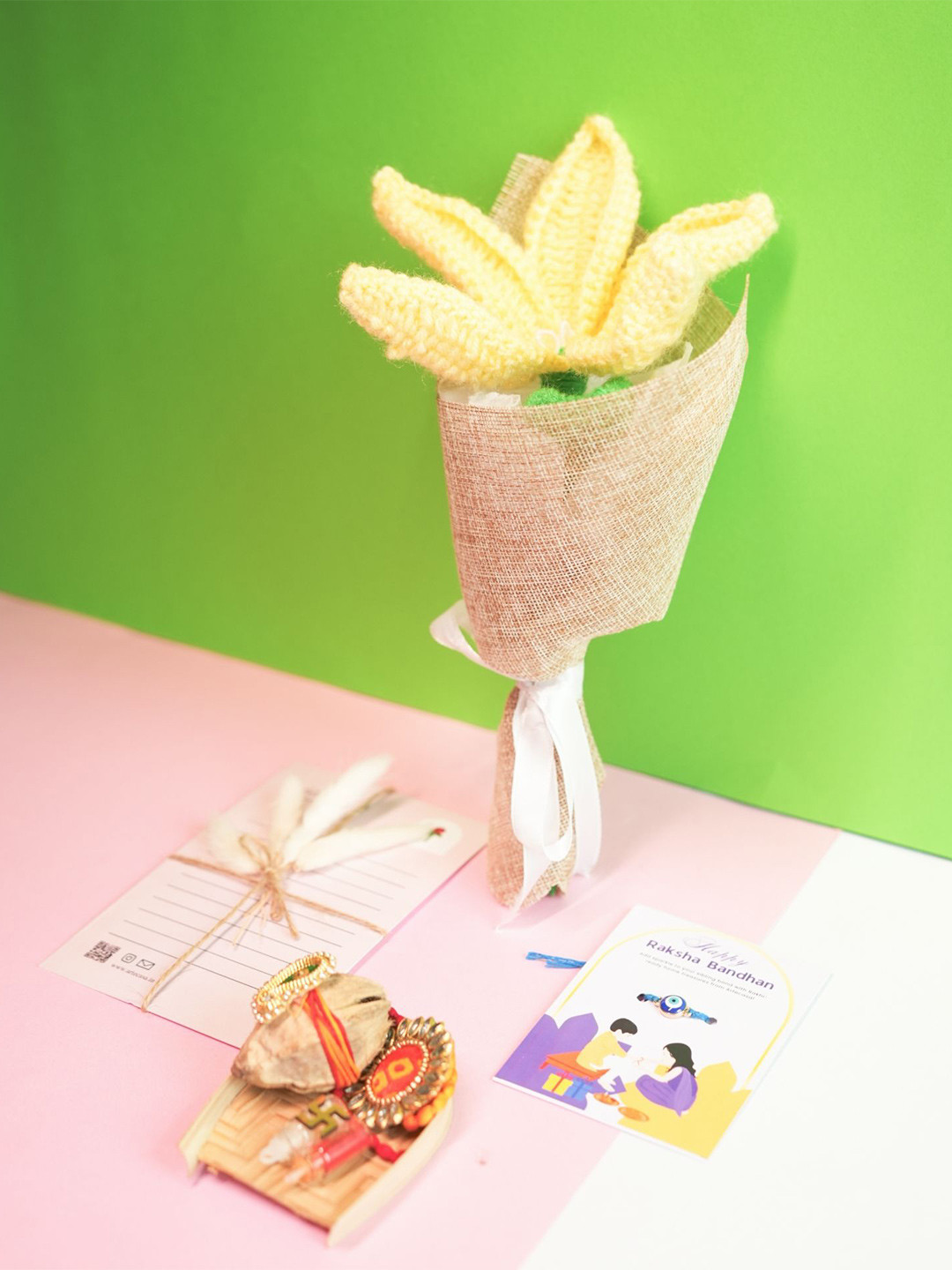 ArteCasa Yellow Handcrafted Crochet Lily Rakhi Hamper