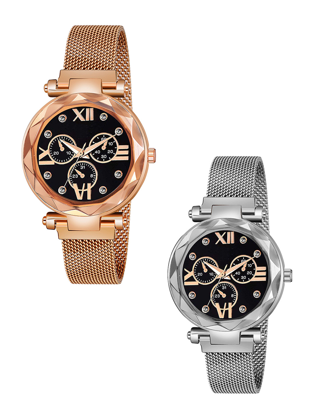 Gopal Shopcart Unisex Analogue Watch Mina Black RoseGold Silver Maganet