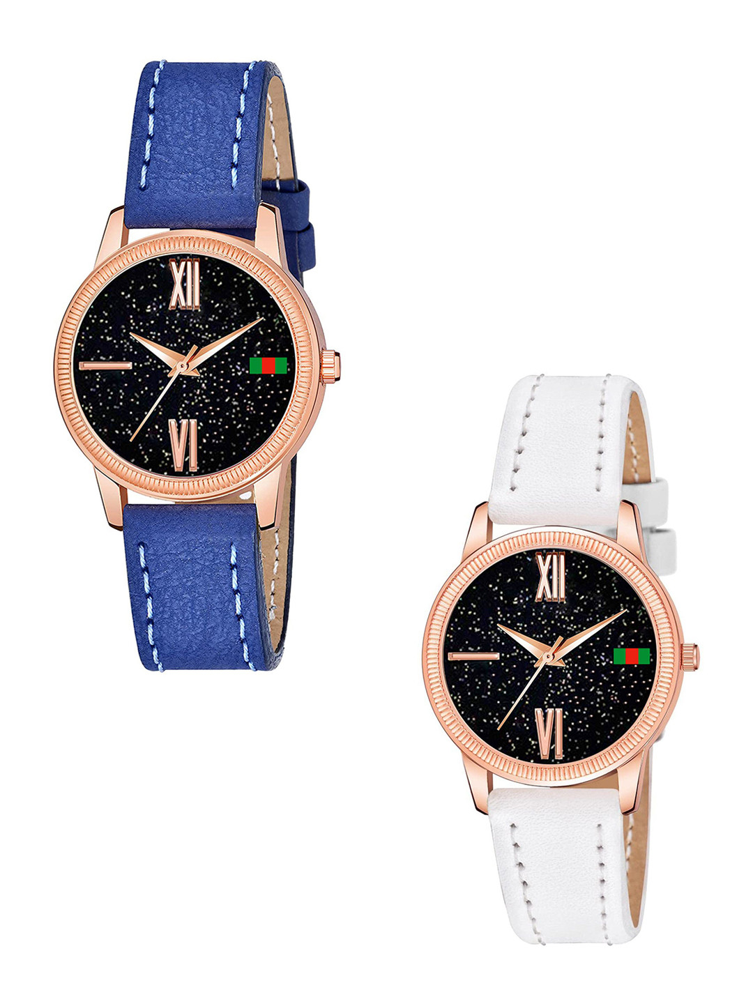 CSAMON Pack Of 2 Women Embellished Dial & Straps Analogue Watches C25RG Roman BLU WH L