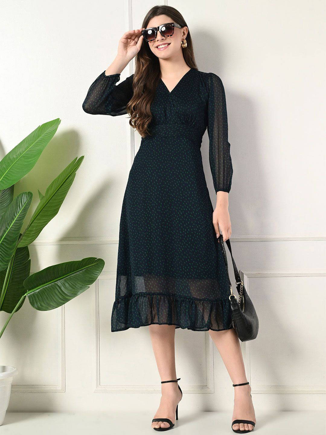 FLYING FEST Women V-Neck Print Puff Sleeves Fit & Flare Dress