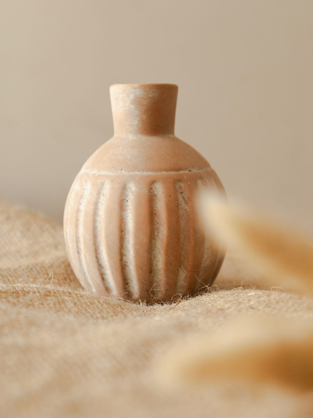 ArteCasa Rustic-Brown Striped Vase With Bunny Tail Bunch