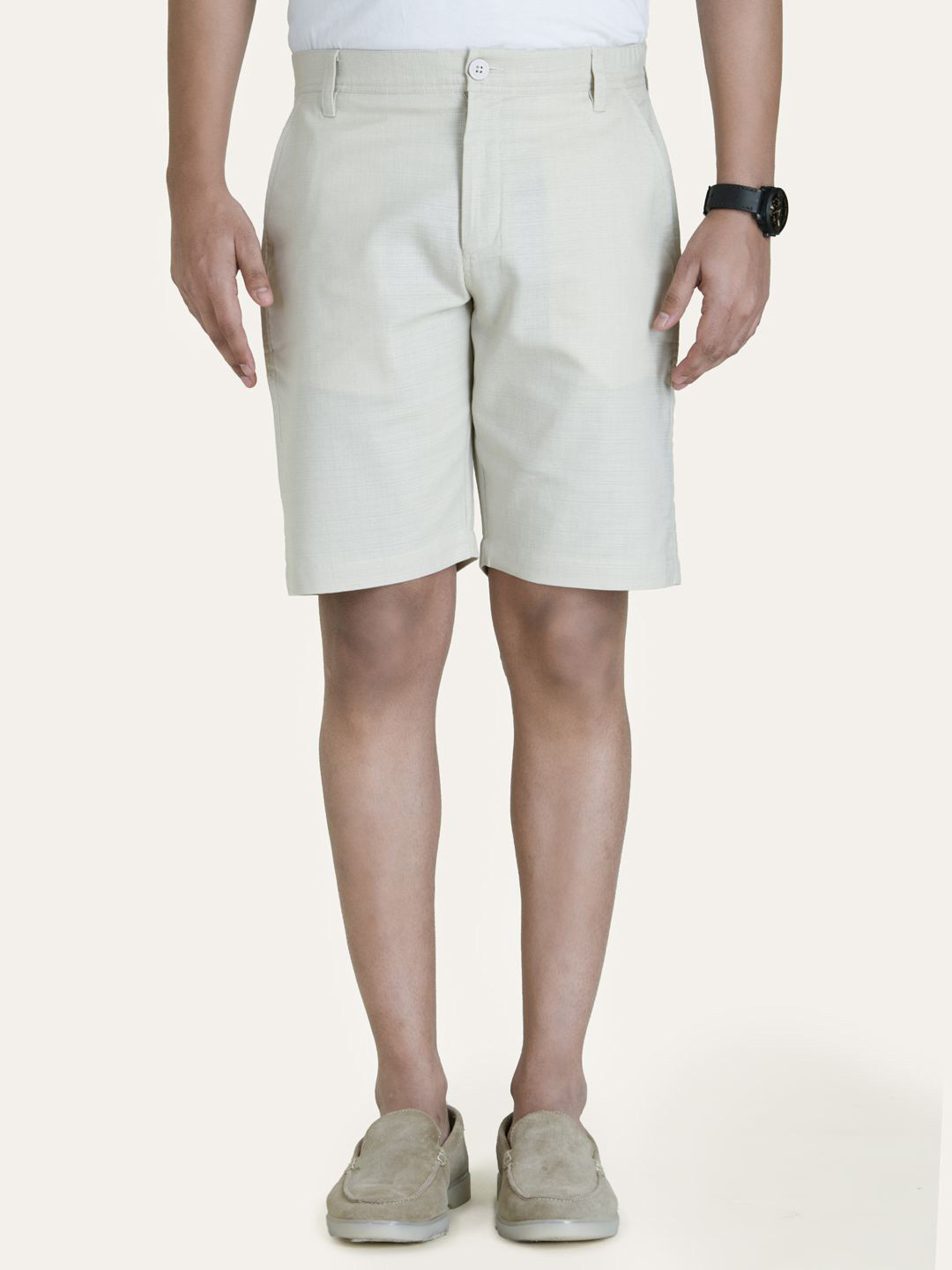 PERCH Men Linen Beige Solid Shorts