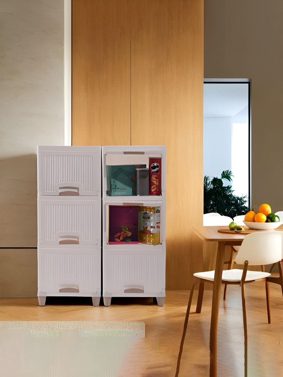 Aura White & Brown 6 Units Multipurpose ( 3 + 3 ) Folding Cabinet Storage Organizers