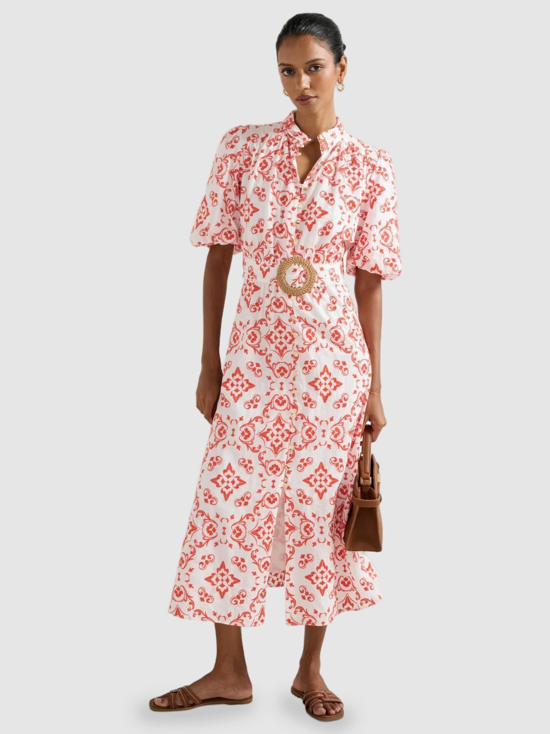 Forever New Women Ethnic Motifs Printed Puff Sleeve Belted Fit and Flare Midi Dress