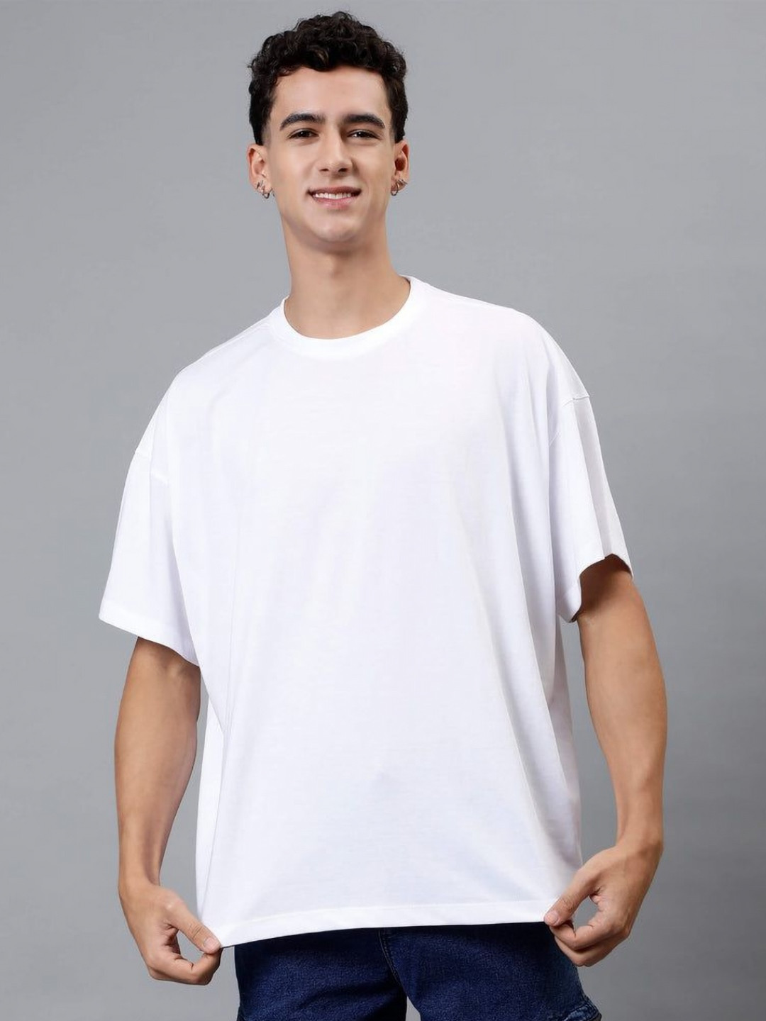 URBANICE Men Solid Round Neck Cotton Oversized T-shirt