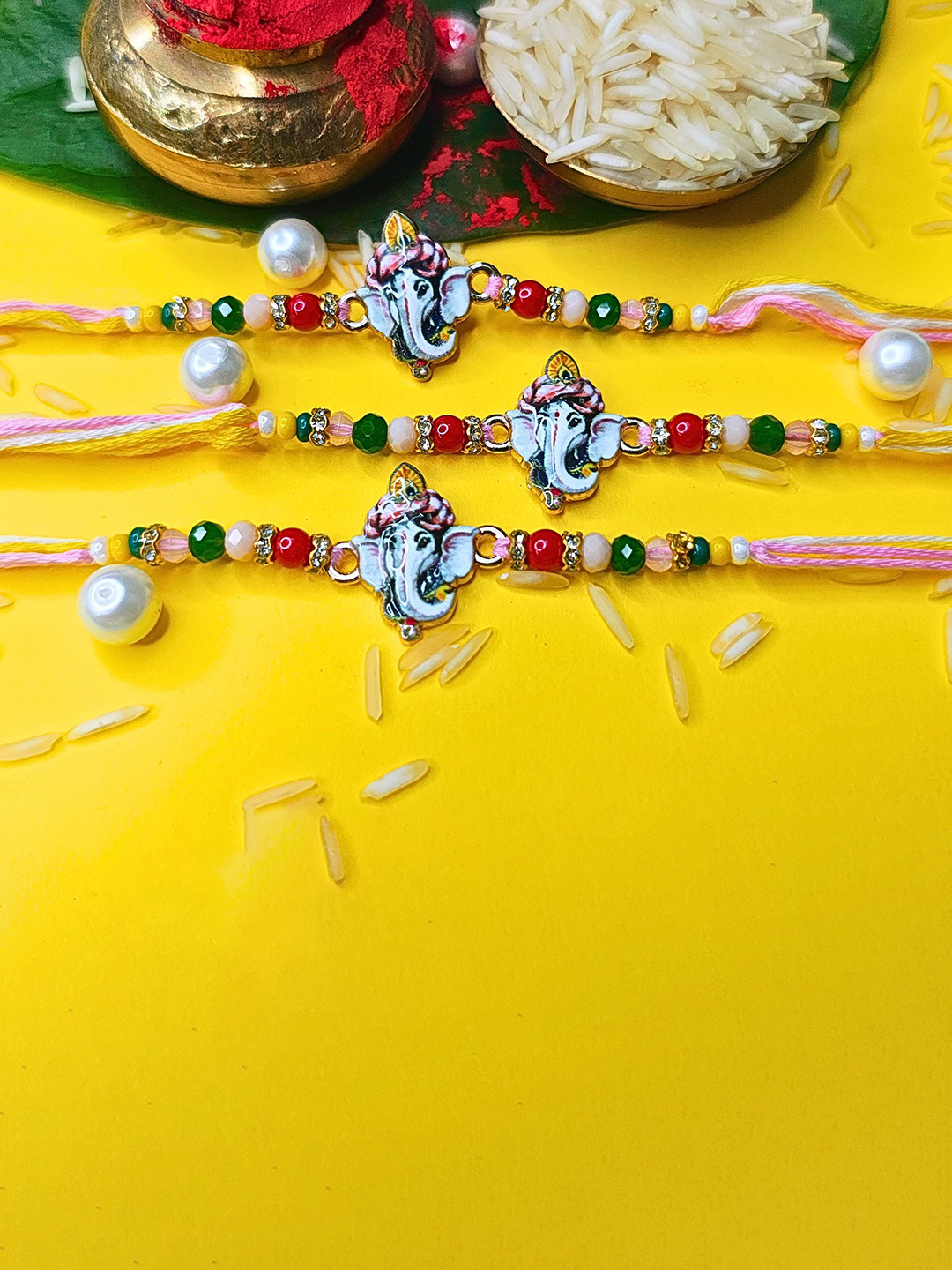 ORANGENYSHA Set Of 3 AD Studded & Beaded Cotton Thread Rakhis