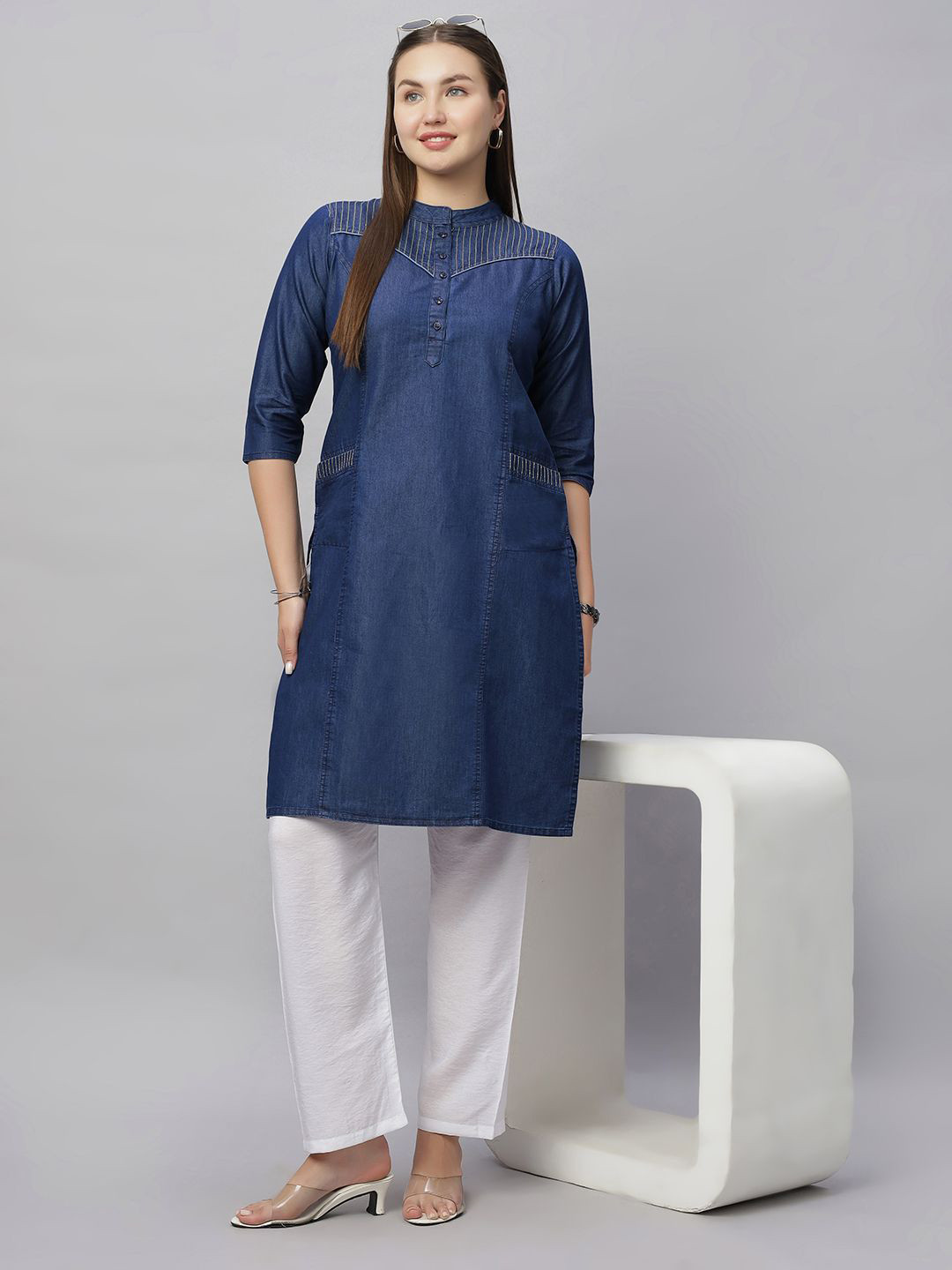 SK Creation Women Solid Band Collar Regular Straight Knee Length Kurta