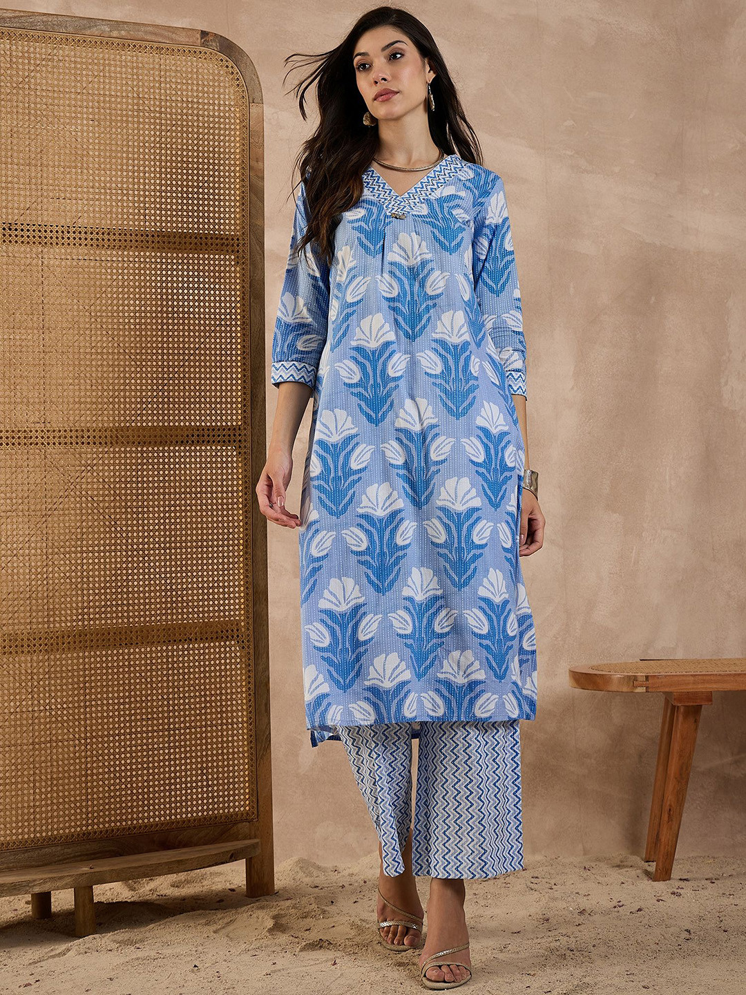 CHETI Floral Printed V-Neck Pure Cotton Tunic With Palazzo