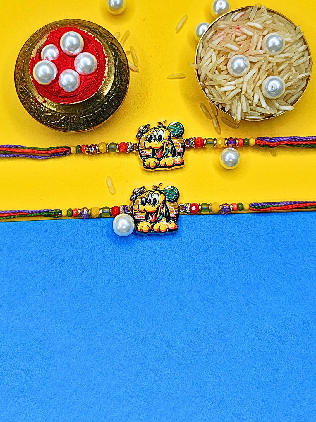 ORANGENYSHA Set Of 2 American Diamond Studded & Beaded Meenakari Thread Rakhis