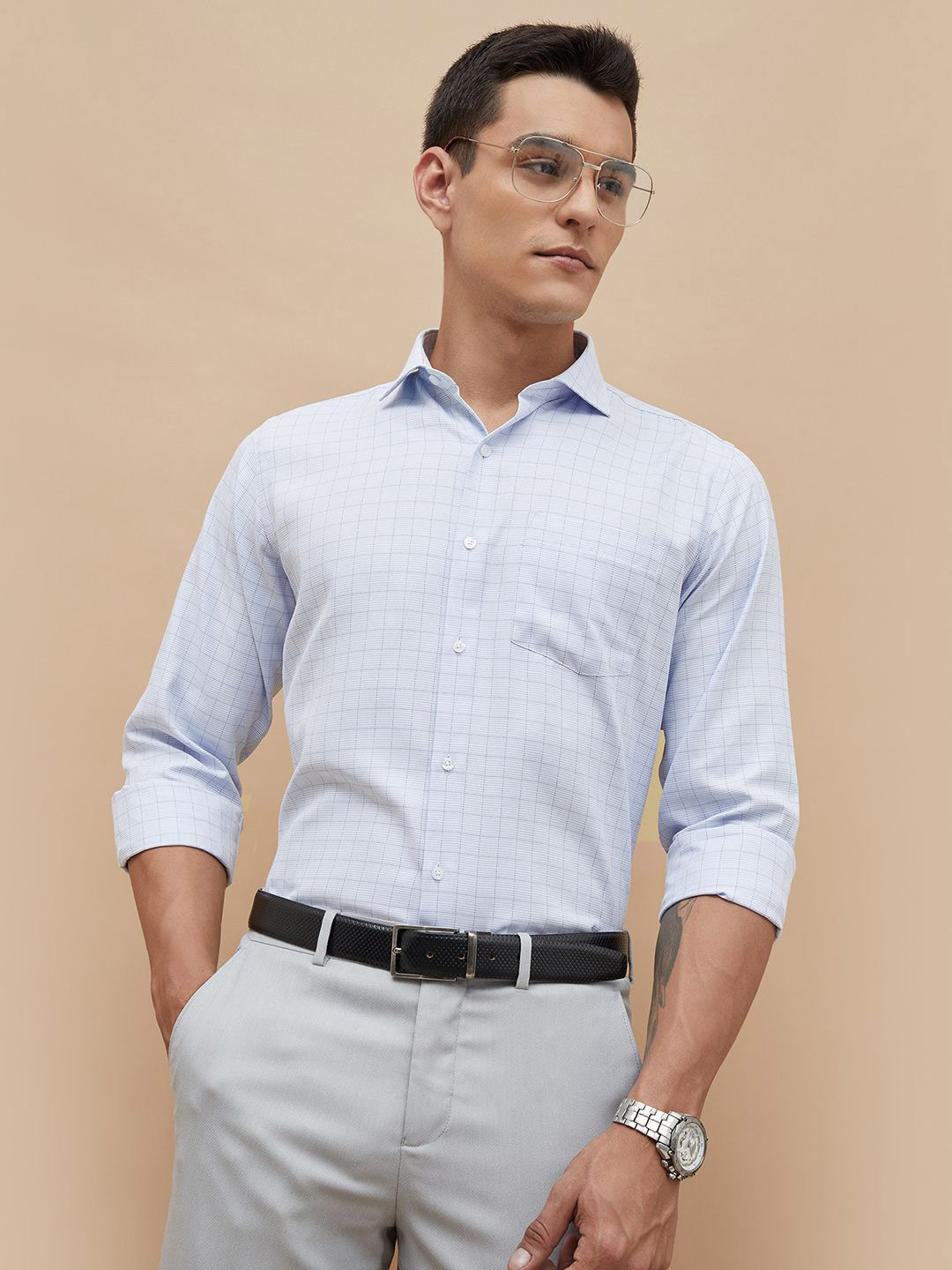 CODE by Lifestyle Grid Tattersall Checks Cotton Formal Shirt