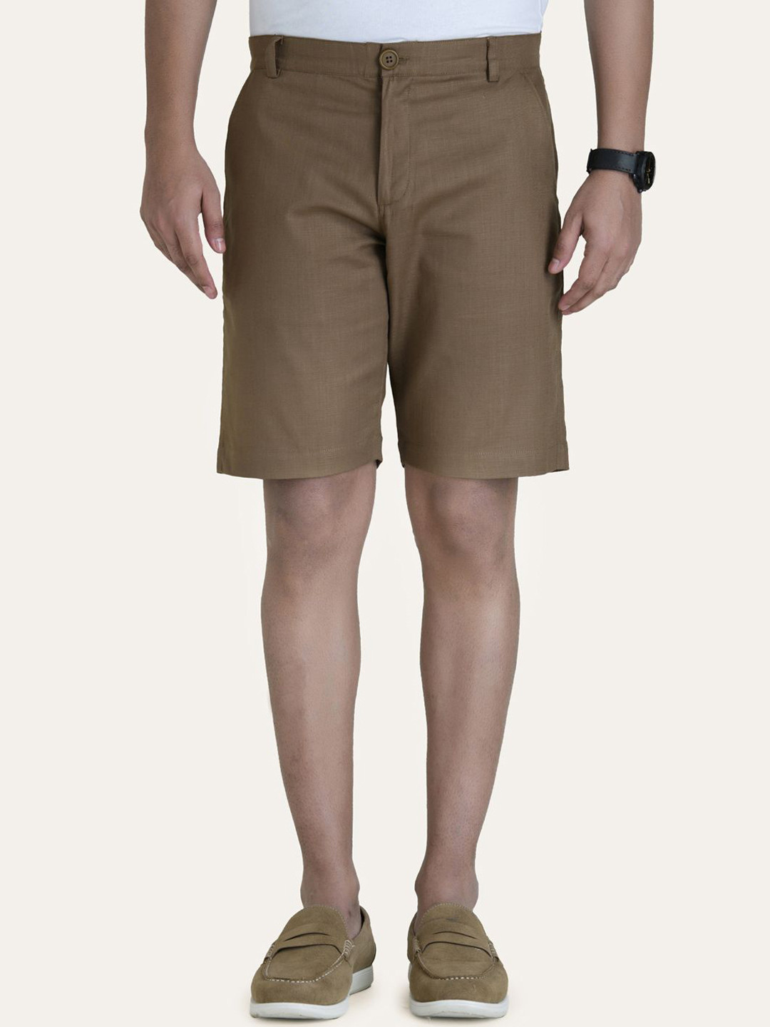 PERCH Men Linen Brown Solid Shorts