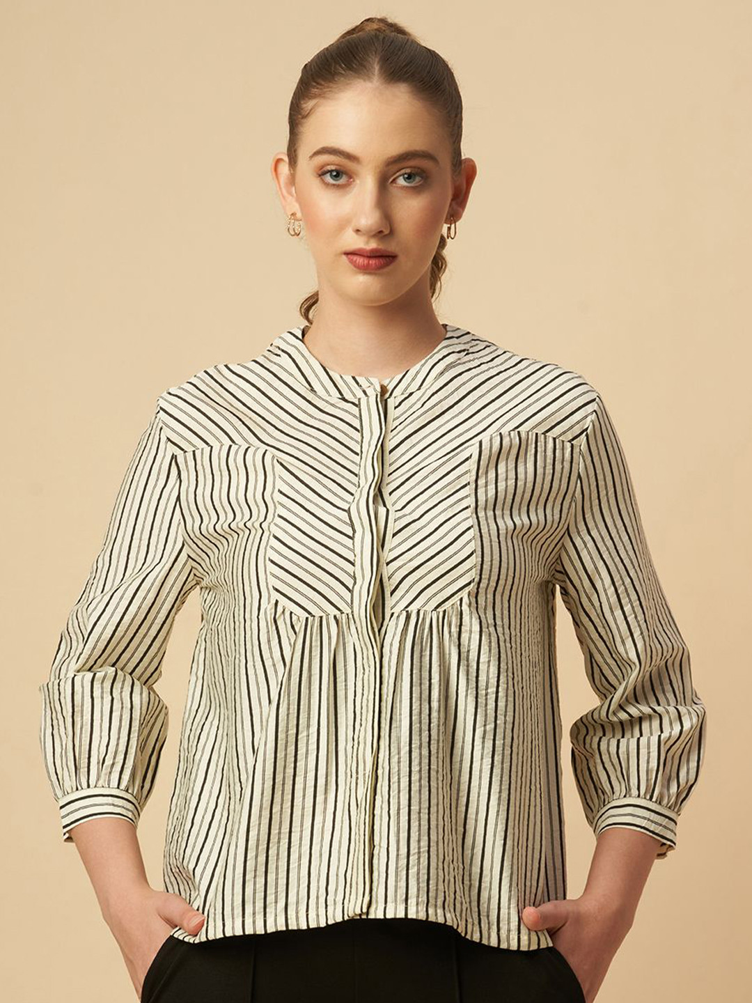 Chemistry Striped Band Collar Cuffed Sleeves Shirt Style Top