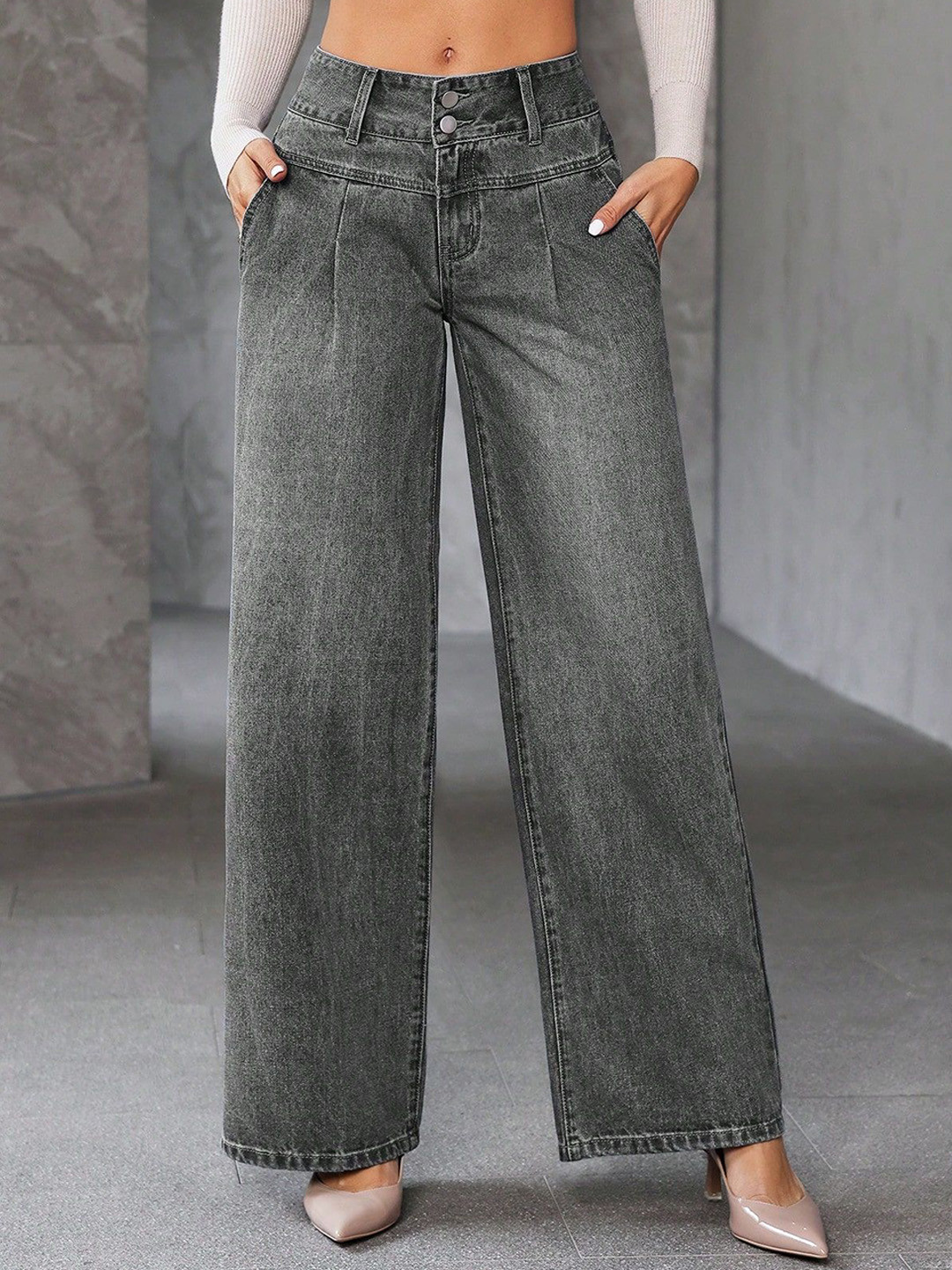 Glossia Women Loose Wide Leg High-Rise Light Fade Acid Wash Stretchable Jeans
