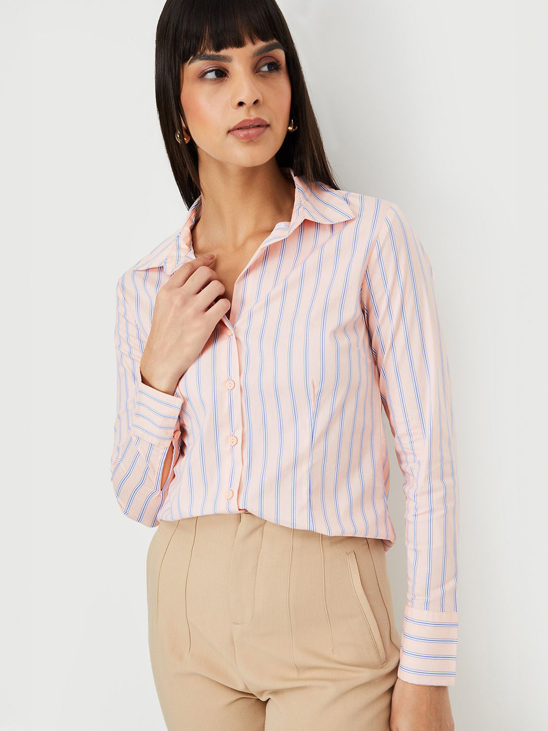 max Women Vertical Striped Spread Collar Formal Shirt