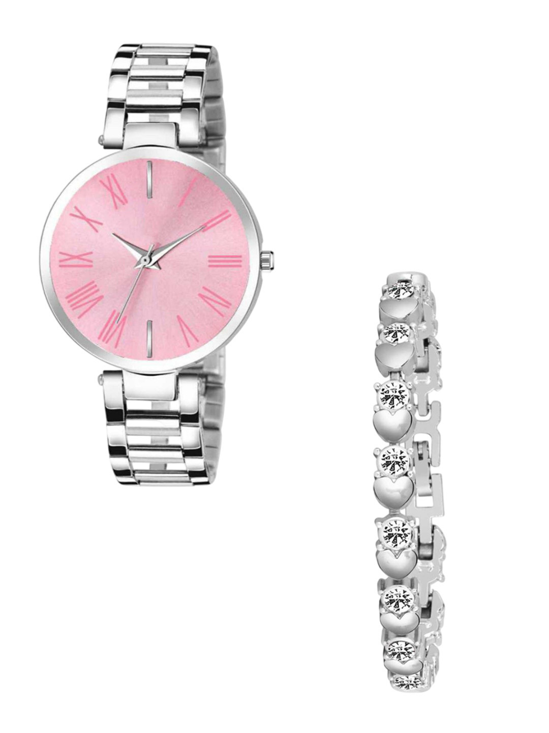 CSAMON Women Stainless Steel Analogue Watch & Bracelet Gift Set  Pink Dial titan Silver