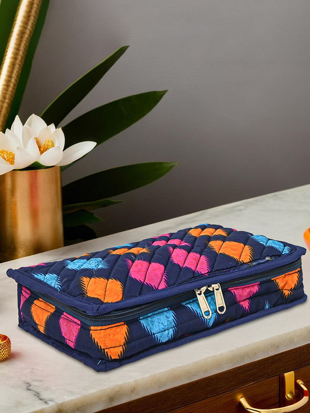 Kuber Industries Blue Cotton Jewellery Organisers Pouch for Women with 6 Compartment