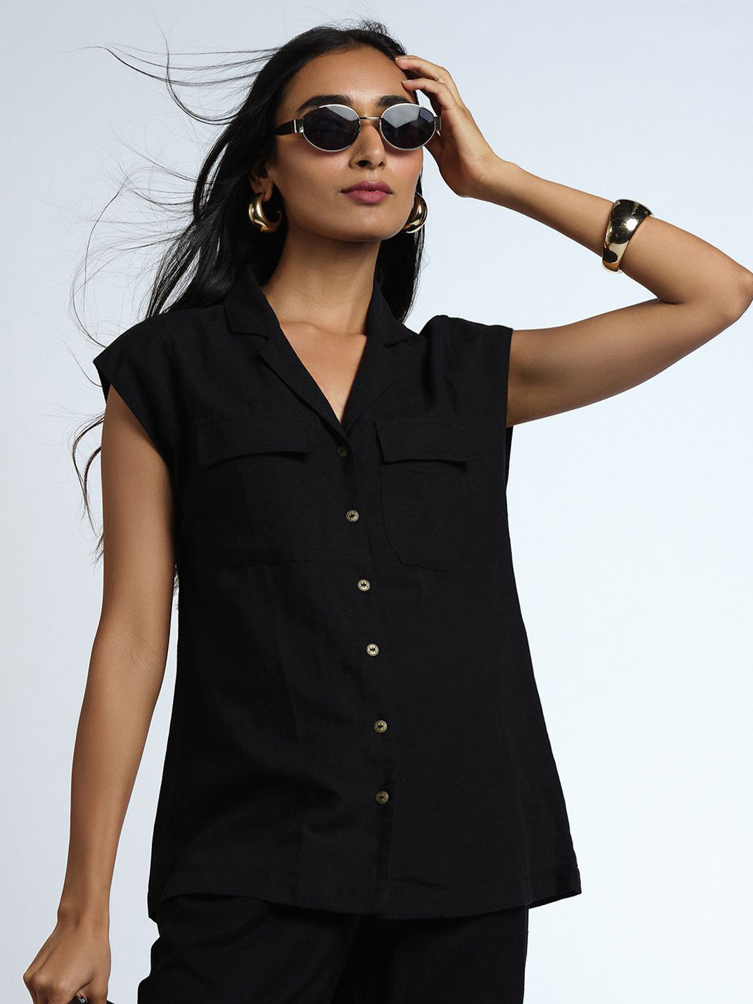 AND Cuban Collar Cap Sleeves Relaxed Fit Casual Shirt