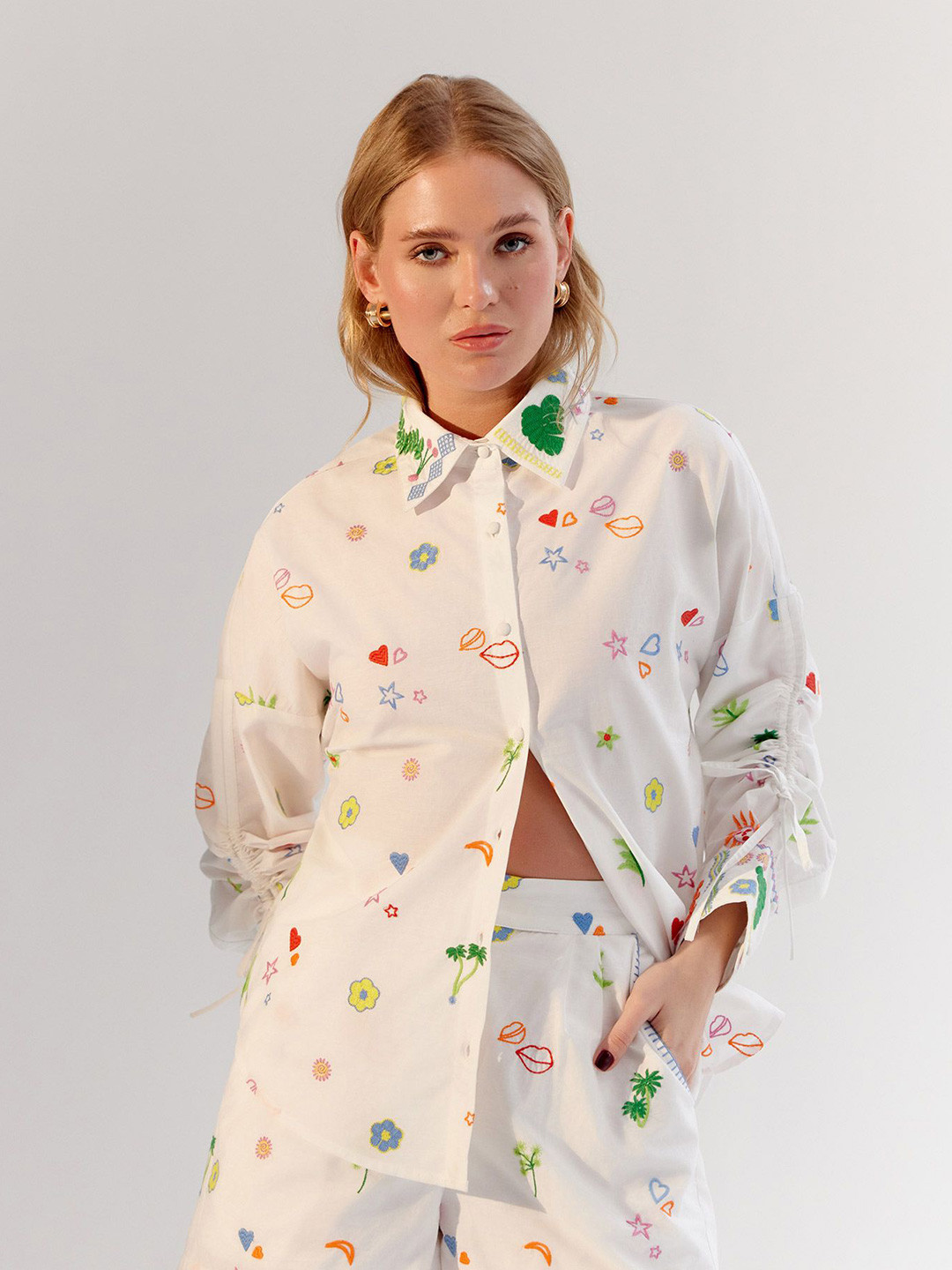 NOIB Women Thais Geometric Self Design Premium Oversized Cotton Casual Shirt