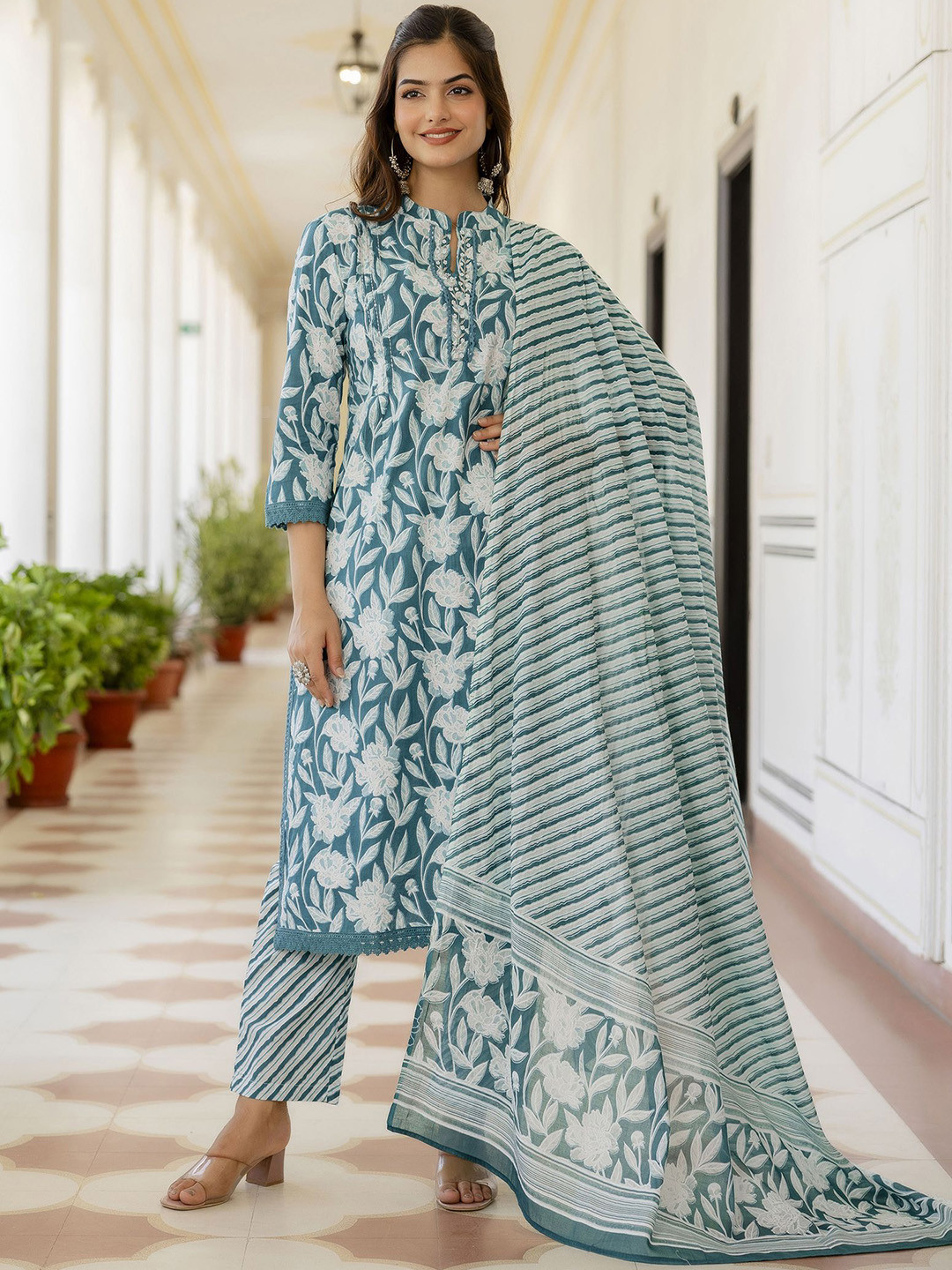 Anouk Rustic Floral Printed Mandarin Collar Pure Cotton Kurta With Trouser & Dupatta