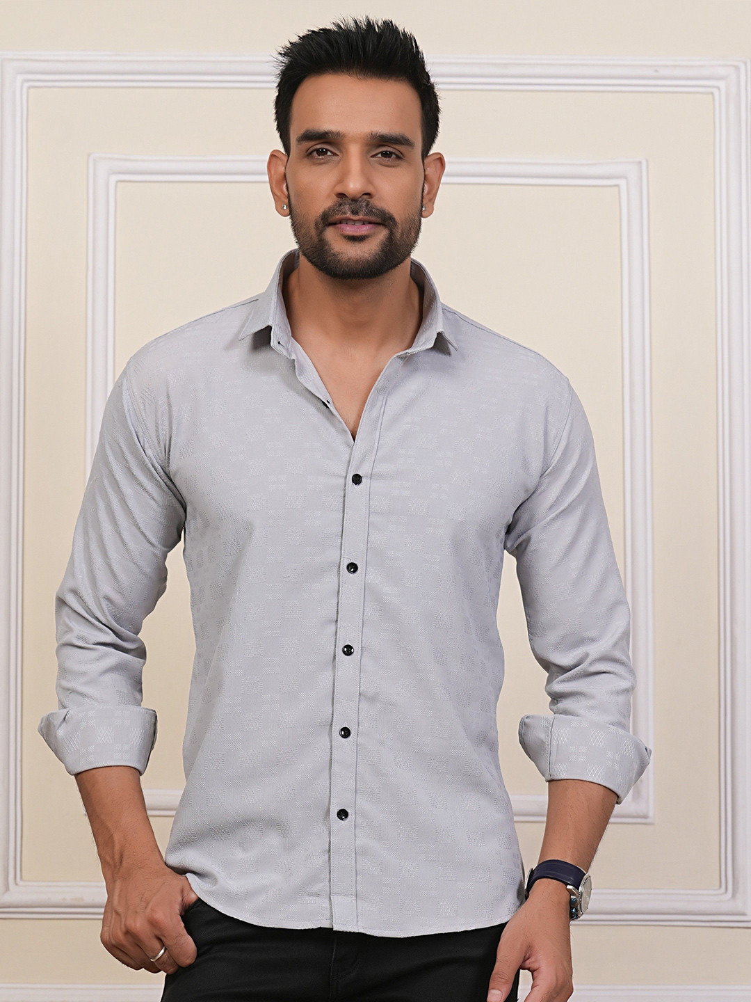 BADLAND Men Classic Regular Fit Textured Spread Collar Casual Shirt