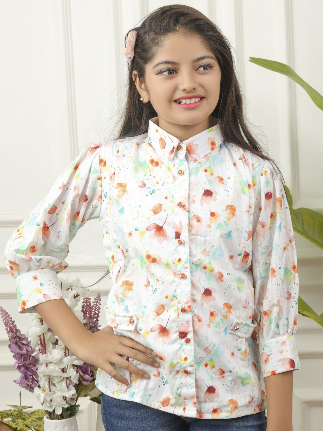 Miss & Chief Girls Floral Print Shirt Coller Cuffed Sleeves Shirt Style Top
