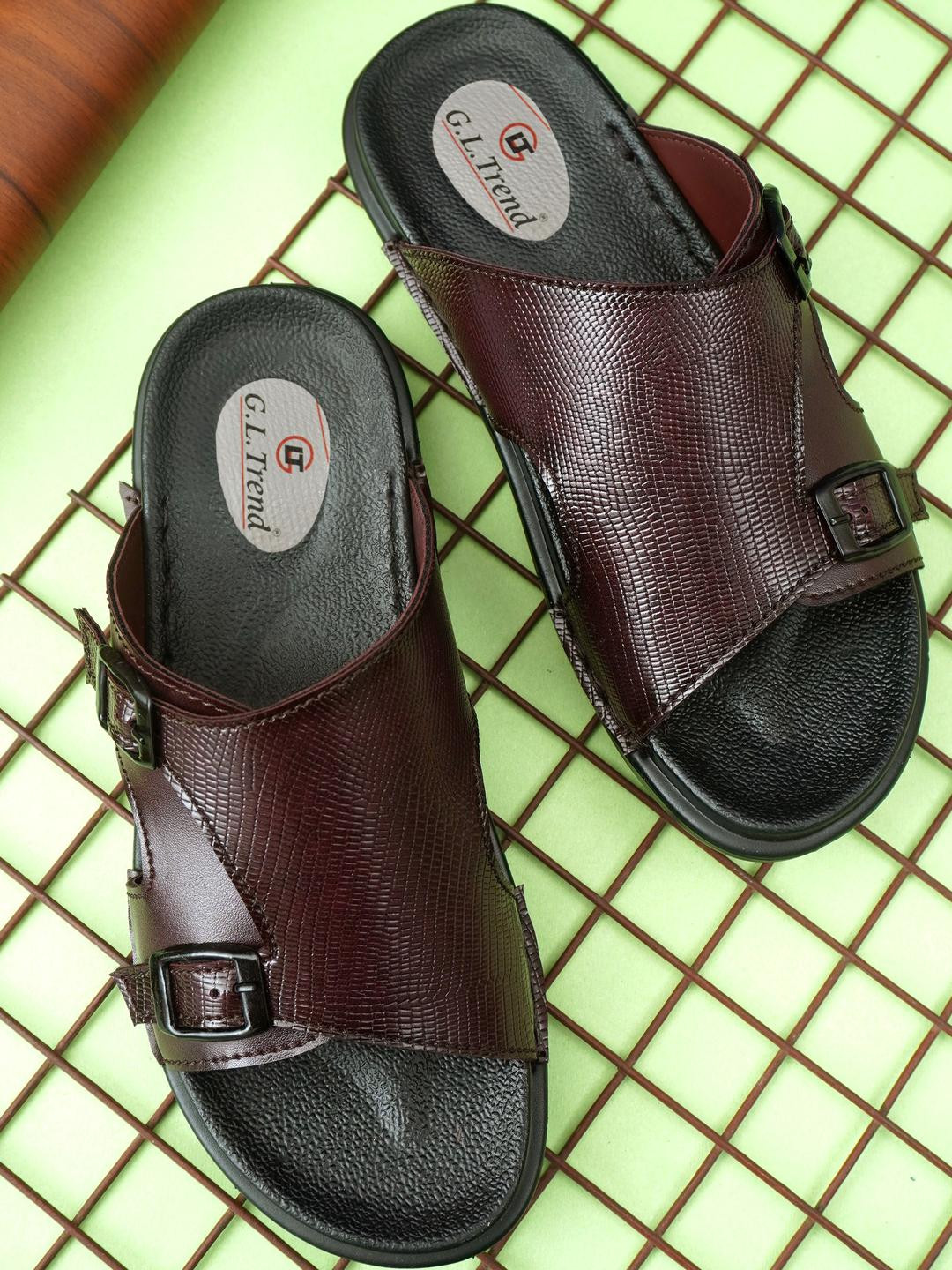 G L Trend Men Brown Textured Leather Slip-On Buckle Sandals
