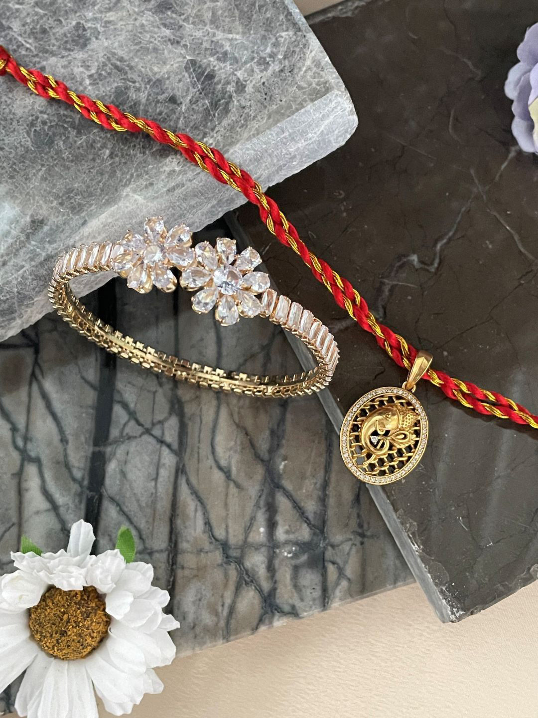 Digital Dress Room Stones Studded Ganesha Flower Pendant Bangle Bhaiya Bhabhi Rakhis