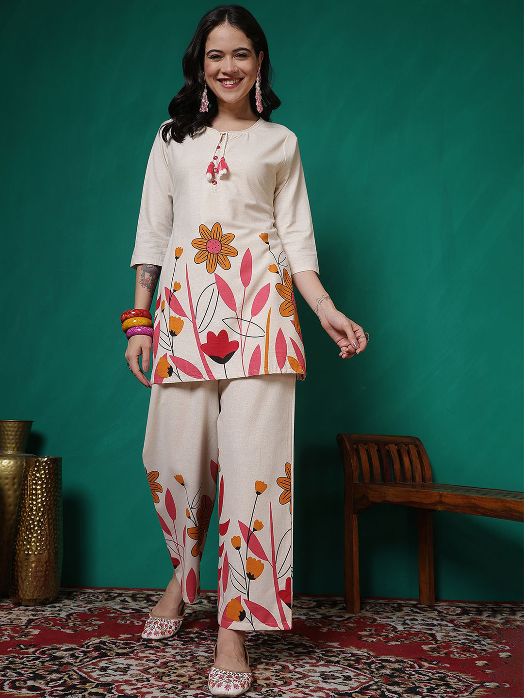 Sangria Floral Printed Round Neck Cotton Flex Tunic With Palazzo