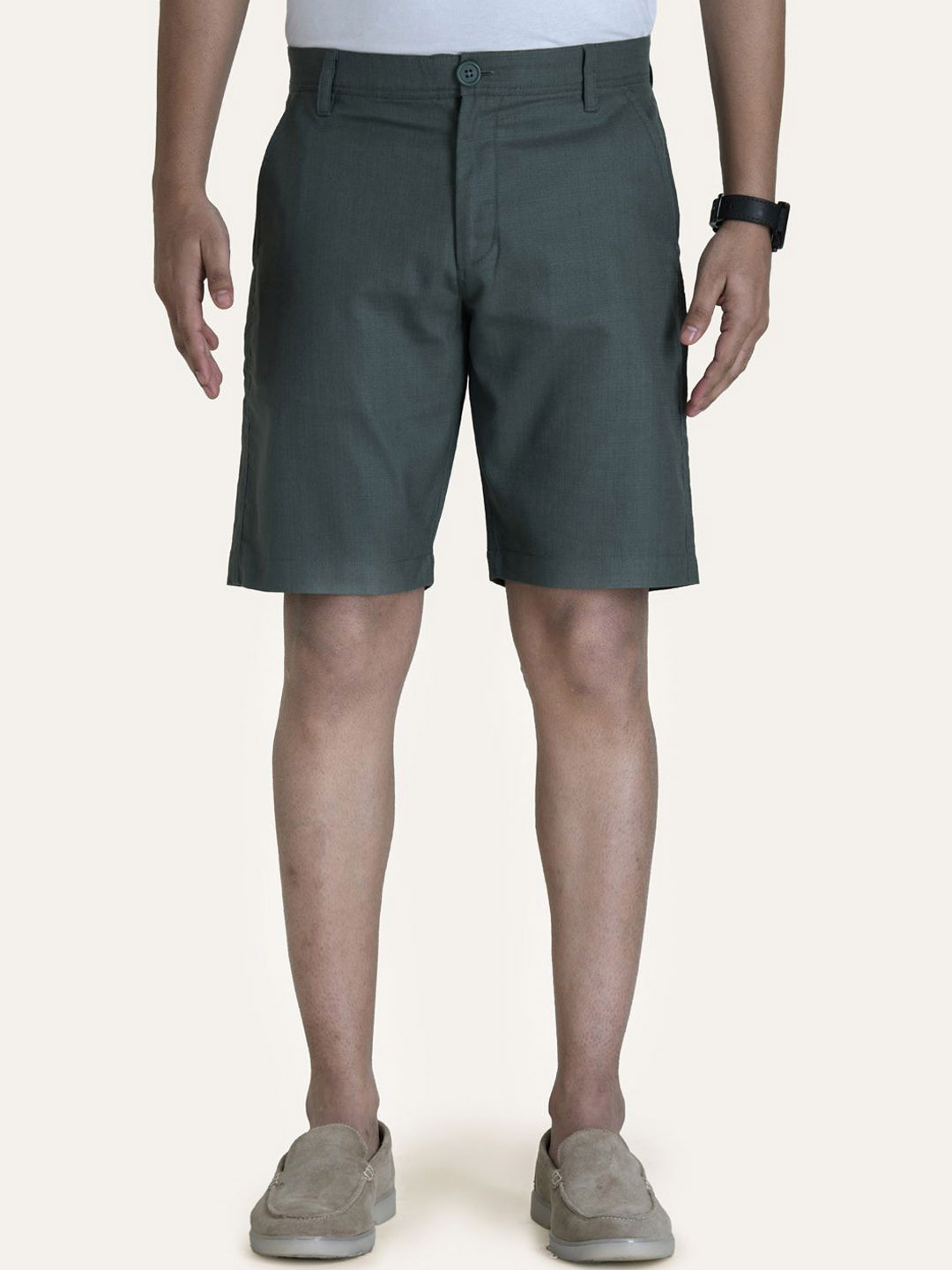 PERCH Men English Green Linen Solid Shorts