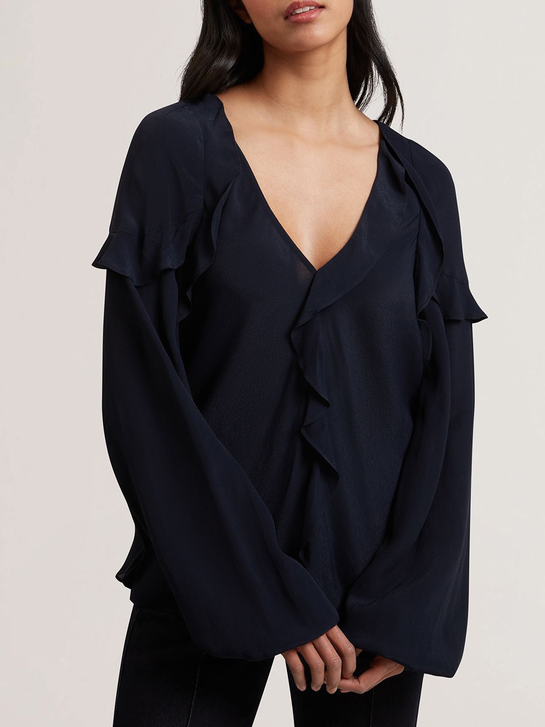 Ted Baker Women V-Neck Bishop Sleeves Top With Ruffles Detailed