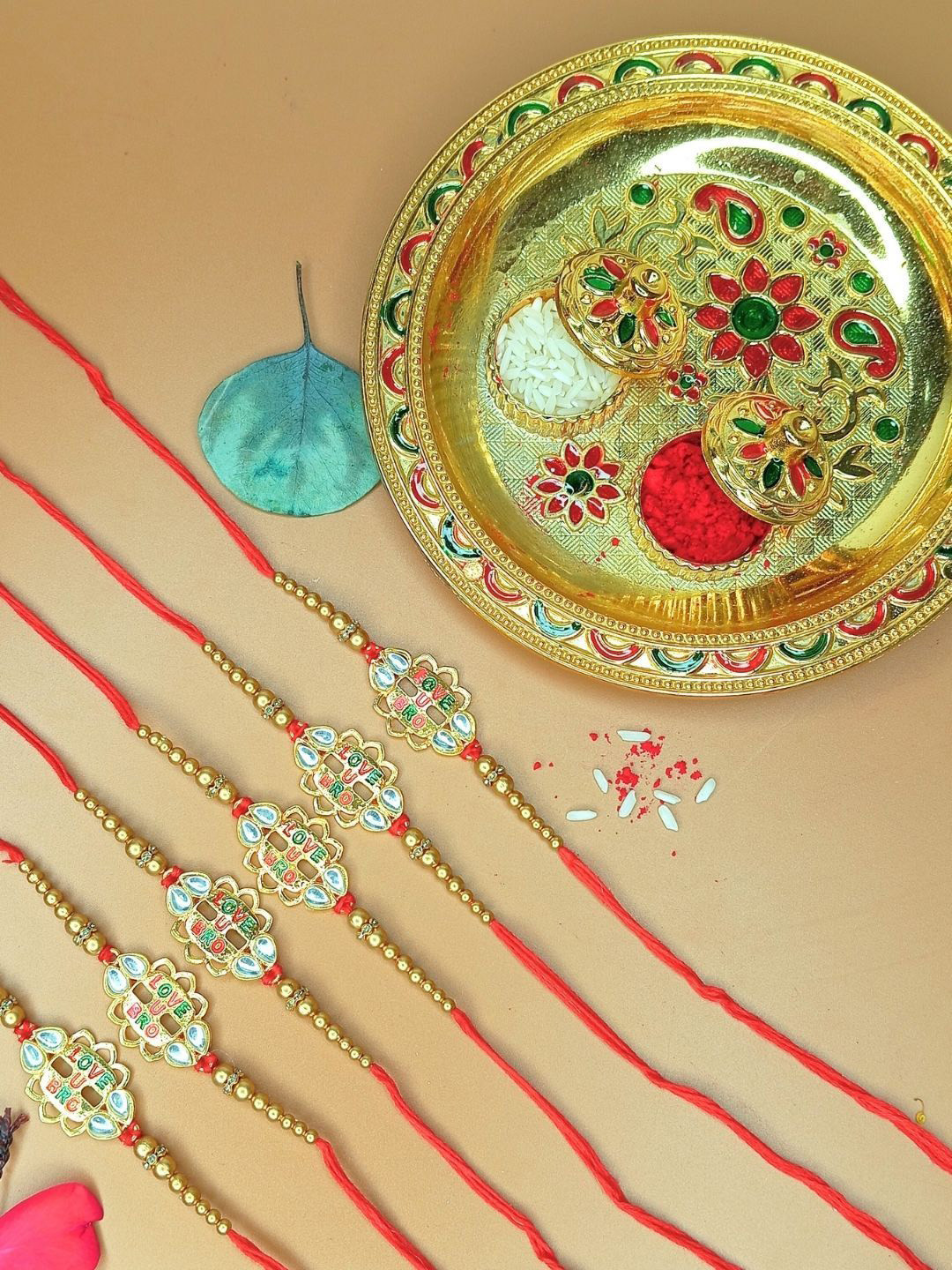 Anouk Set Of 24 Stones Studded Love U Bro Rakhi with Card & Roli Rice Pooja Thali