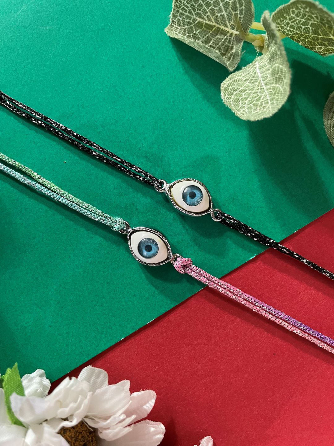 Digital Dress Room Set Of 2 Oval Shape Evil Eye Charm Multistrand Thread Rakhis