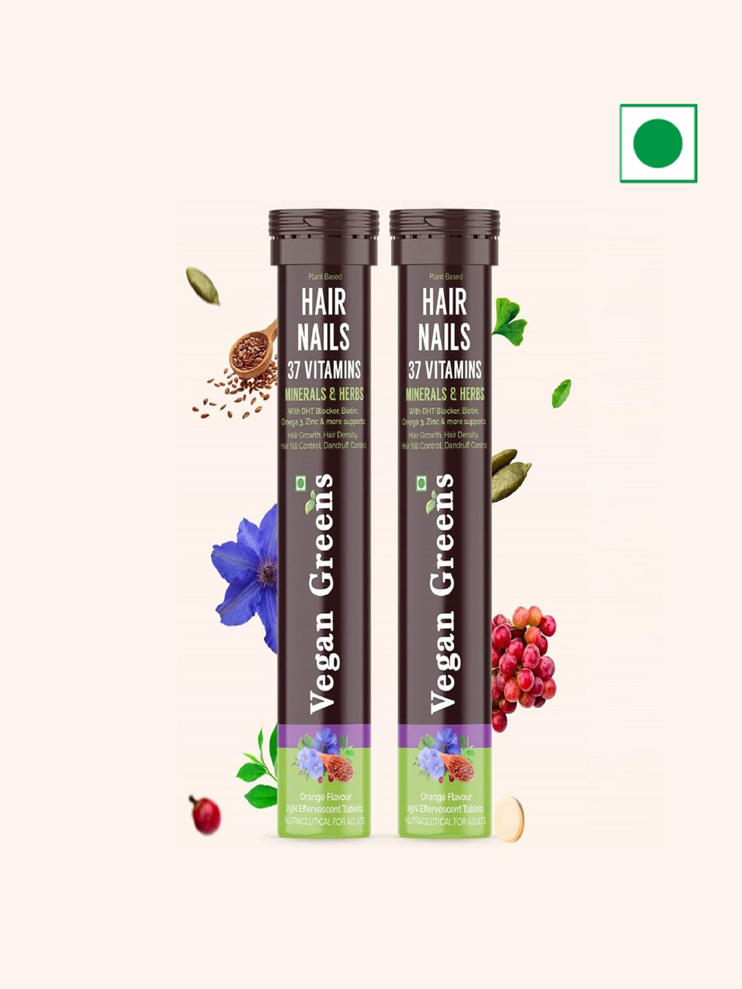 Vegan Greens Set Of 2 Hair & Nails Vitamins With DHT Blocker- 25 Tablets Each- Orange Flavour