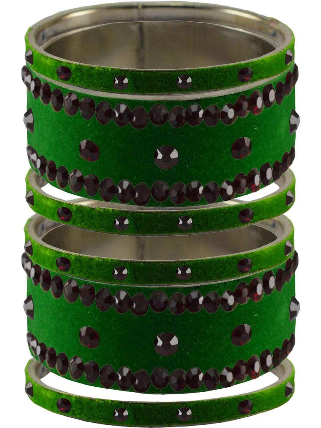 Vidhya Kangan Set of 6 Silver Plated Green Velvet Rhinestone Bangle