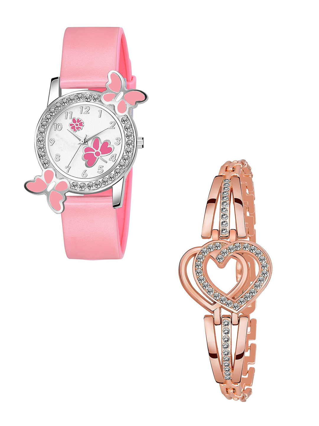CSAMON Women Embellished Analogue Watch & Bracelet 328 PINK315 RG Heart B